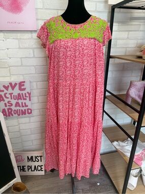 Sister Mary Pink Floral Maxi Dress with Green Embroidered Yoke